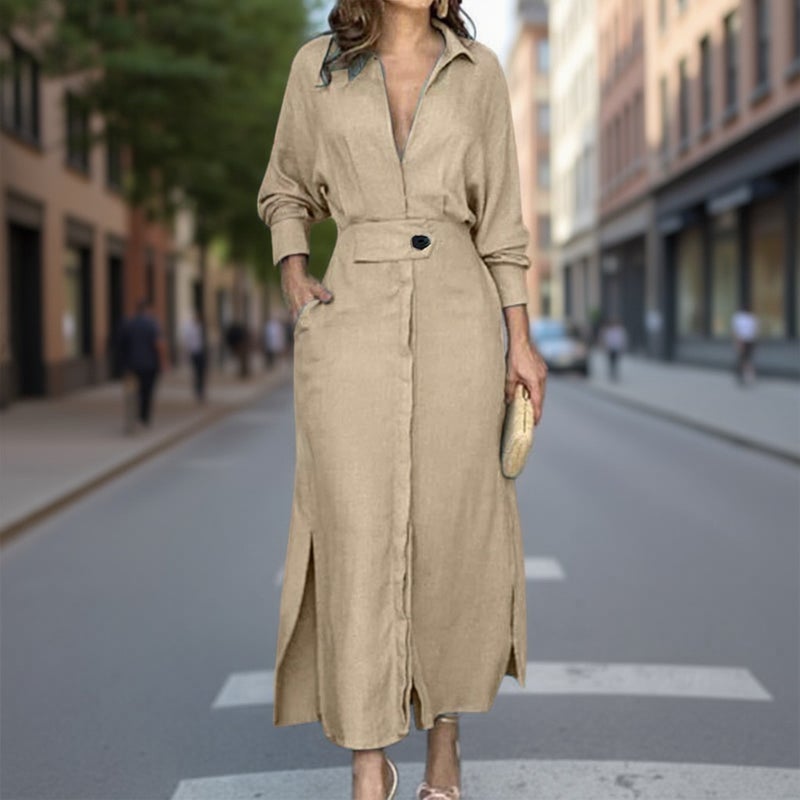 Women's Solid Color Tie Waist Long Sleeve V-Neck Dress 2025 Spring - Image 2