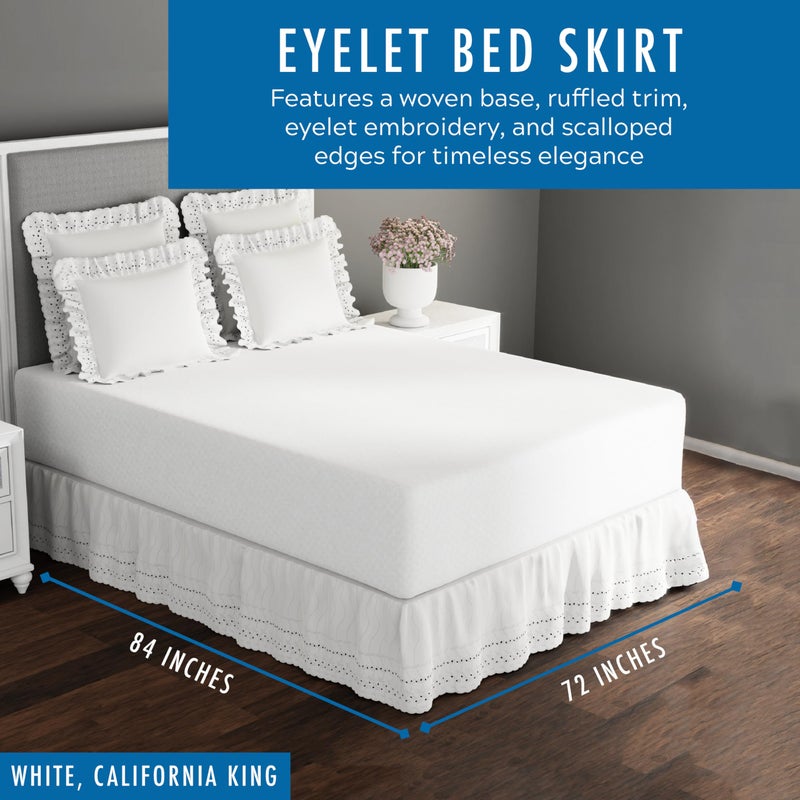 Fresh Ideas Eyelet Bed Skirt, Ruffled Design, 14 Inch Drop, Embroidered Scalloped Edge, California King, White - Image 2