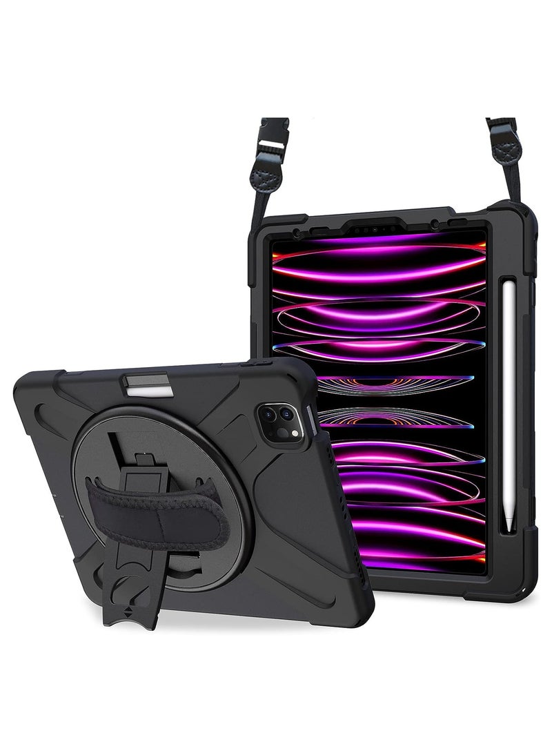 Procases Ipad Pro 12.9 Inch Case 2022 2021 2020 2018 Rugged Heavy Duty Shockproof Cover With Hand Strap Shoulder Strap for Ipad Pro 12.9" 6th 5th 4th 3rd Generation Black - Image 1