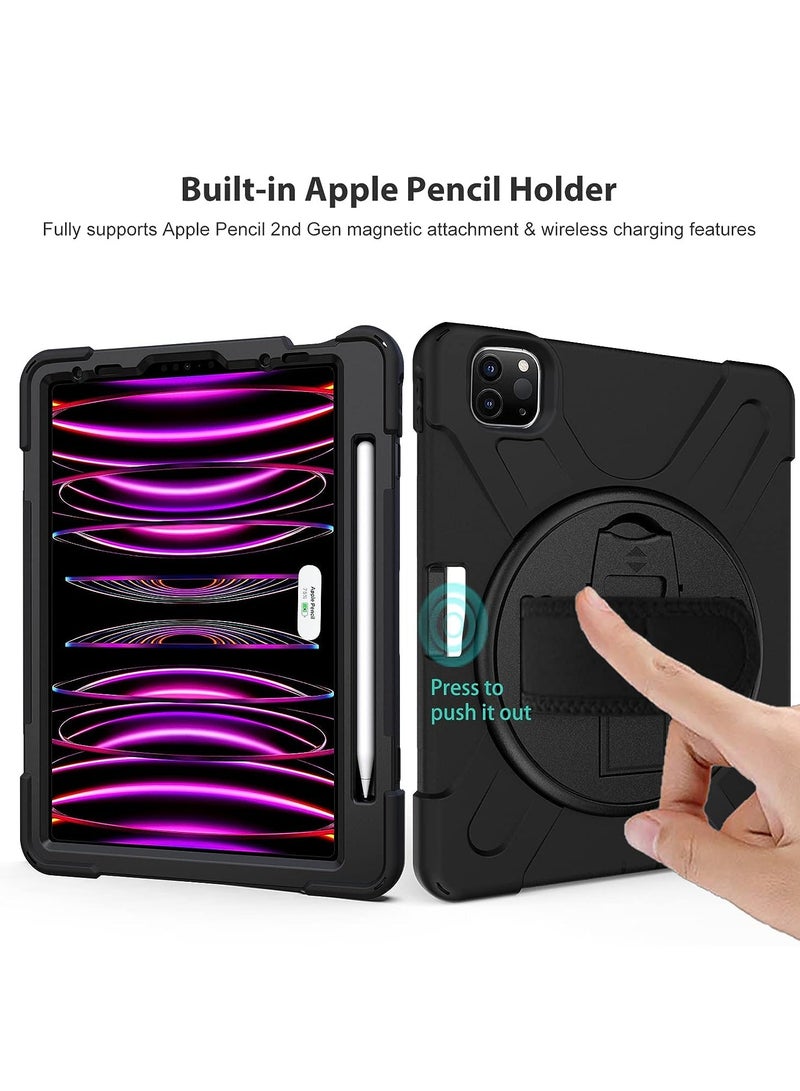 Procases Ipad Pro 12.9 Inch Case 2022 2021 2020 2018 Rugged Heavy Duty Shockproof Cover With Hand Strap Shoulder Strap for Ipad Pro 12.9" 6th 5th 4th 3rd Generation Black - Image 2