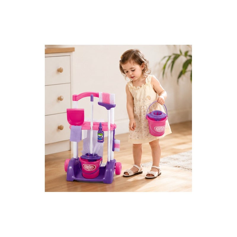Little Helper Kids Pretend Play Cleaning Toy Set with Trolley Cart, Broom, Bucket and Accessories, Pink and Purple, for Ages 3 and Above - Image 4