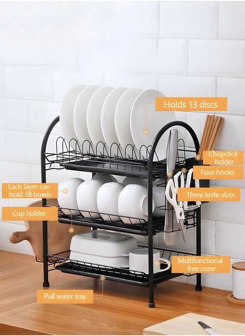 Large Dish Drying Rack, 3 Tier Dish Rack with Tray Utensil Holder & Cup Holders, Drain Board Tray for Kitchen Counter