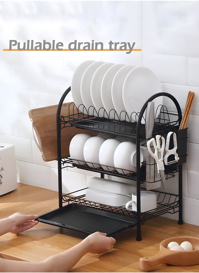 Large Dish Drying Rack, 3 Tier Dish Rack with Tray Utensil Holder & Cup Holders, Drain Board Tray for Kitchen Counter