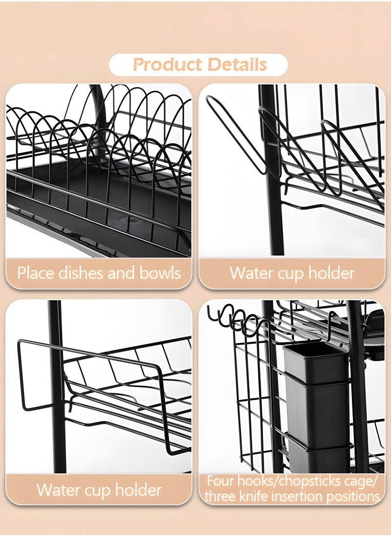 Large Dish Drying Rack, 3 Tier Dish Rack with Tray Utensil Holder & Cup Holders, Drain Board Tray for Kitchen Counter