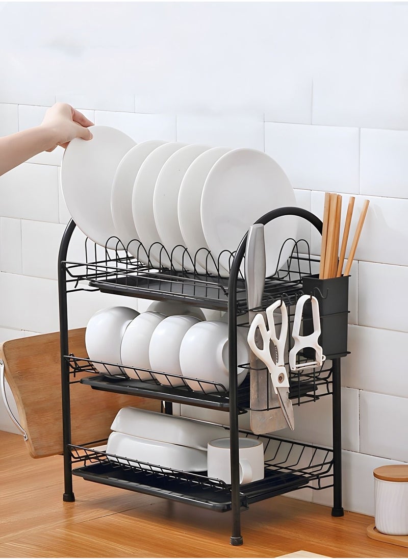Large Dish Drying Rack, 3 Tier Dish Rack with Tray Utensil Holder & Cup Holders, Drain Board Tray for Kitchen Counter