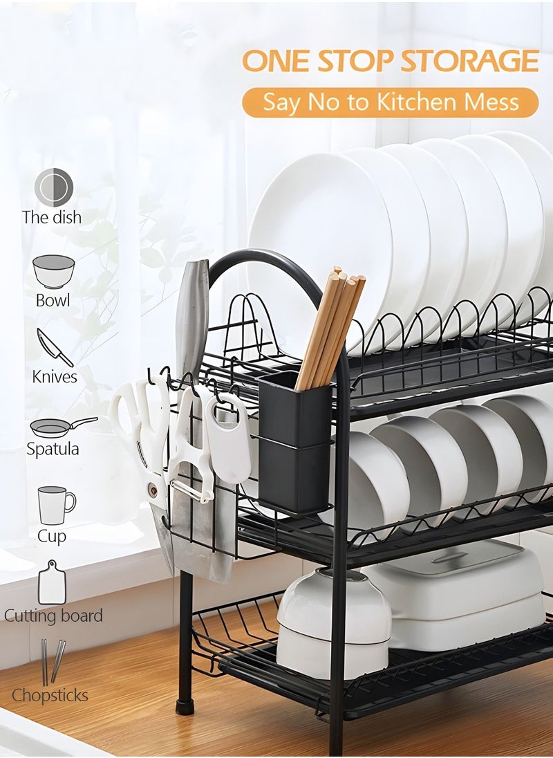 Large Dish Drying Rack, 3 Tier Dish Rack with Tray Utensil Holder & Cup Holders, Drain Board Tray for Kitchen Counter