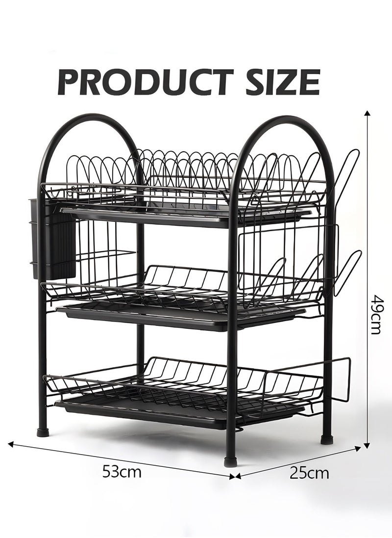 Large Dish Drying Rack, 3 Tier Dish Rack with Tray Utensil Holder & Cup Holders, Drain Board Tray for Kitchen Counter