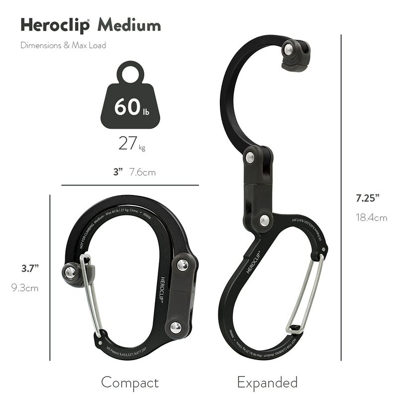 GEAR AID HEROCLIP Carabiner Gear Clip and Hook (Medium, Small, Mini) for Camping, Backpack, Suitcases, Purse and Garage Organization, Stealth Black, Variety Size 3 Pack - Image 5