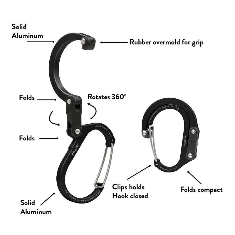 GEAR AID HEROCLIP Carabiner Gear Clip and Hook (Medium, Small, Mini) for Camping, Backpack, Suitcases, Purse and Garage Organization, Stealth Black, Variety Size 3 Pack - Image 3