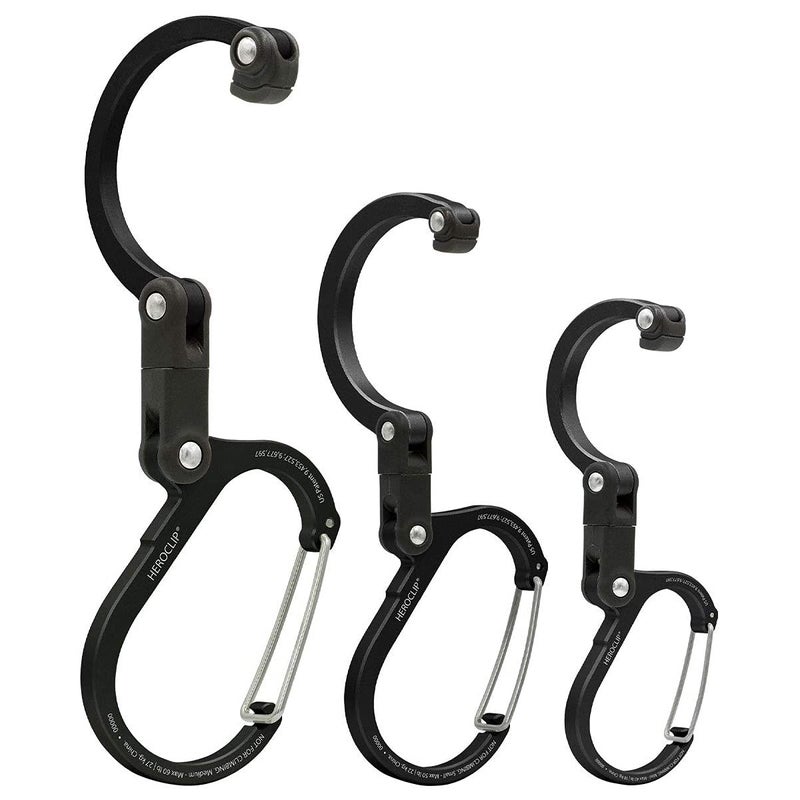 GEAR AID HEROCLIP Carabiner Gear Clip and Hook (Medium, Small, Mini) for Camping, Backpack, Suitcases, Purse and Garage Organization, Stealth Black, Variety Size 3 Pack - Image 2