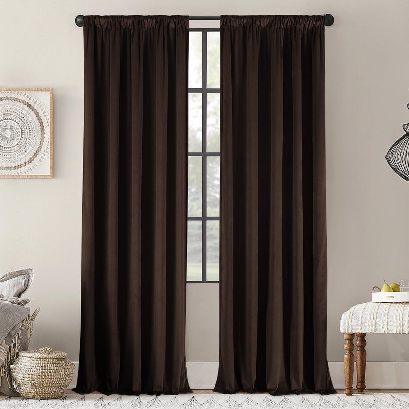 nanbowang Coffee Brown Velvet Curtains - 42 Inches Width 63 Inches Long Soft Curtain Rod Pocket Thermal Insulated Window Treatment for Bedroom 2 Panels - Image 1
