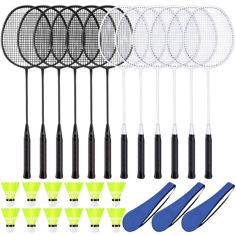 Chitidr 12 Pack Badminton Rackets Set Including Rackets Nylon Shuttlecocks and Carry Bag for Outdoor Backyard Games Beginners White Black