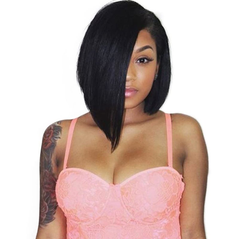 Quick Wig 14 inch Black Short Bob Wigs Straight Hair Wig Side Part Bowl Cut Cosplay Wig Heat Resistant Natural Looking Synthetic Full Wigs for WomenNatural Black