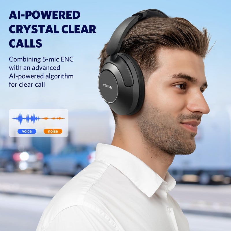 سماعات أذن EarFun Wave Pro مع خاصية إلغاء الضوضاء النشطة، سماعات بلوتوث لاسلكية فوق الأذن، صوت عالي الدقة LDAC، 5 ميكروفونات للمكالمات الواضحة بالذكاء الاصطناعي، 80 ساعة من وقت التشغيل، اتصال متعدد النقاط، EQ مخصص، فضي وأسود
