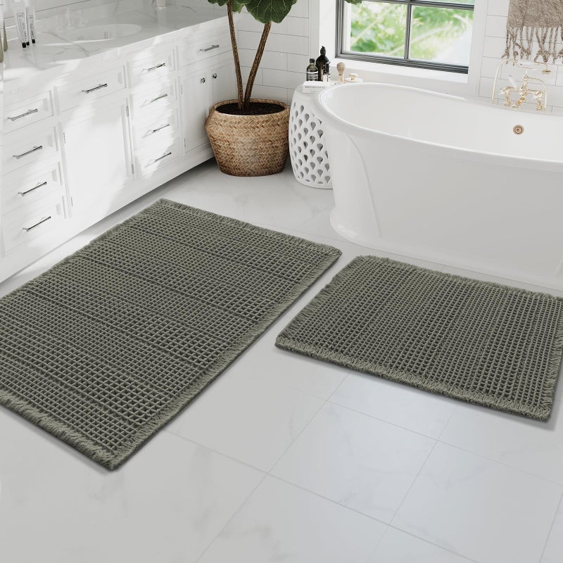 H.VERSAILTEX Waffle Bath Mat Super Absorbent Bathroom Mats Non Slip Bath Rugs for Bathroom Floor Machine Washable Ultra Soft Bathroom Rugs for Beside Tub  (32 x 20 Plus 24 x 17 - Inches  Smokey Olive) - Image 1