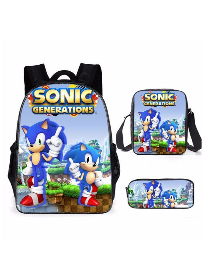 Sonic Primary School Backpack Cartoon Anime Backpack Messenger Bag Pencil Case Three-Piece Set 29*16*42cm