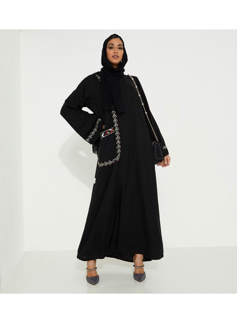 Rosette Abaya Open Abaya with UAE Flag Stitching and Pocket design - Image 4