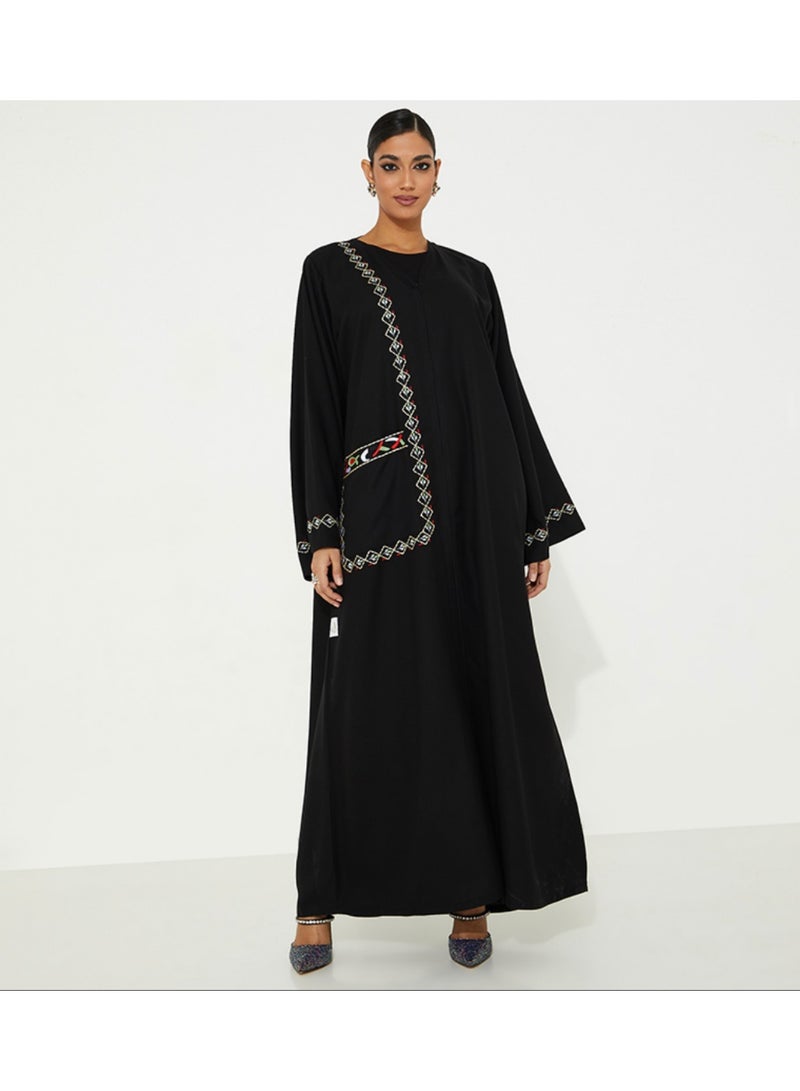 Rosette Abaya Open Abaya with UAE Flag Stitching and Pocket design - Image 1