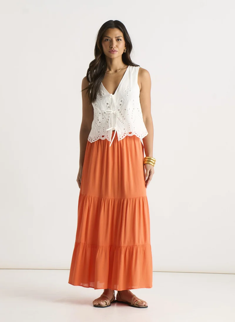 Gini London Orange Viscose Tiered Skater Maxi Skirt