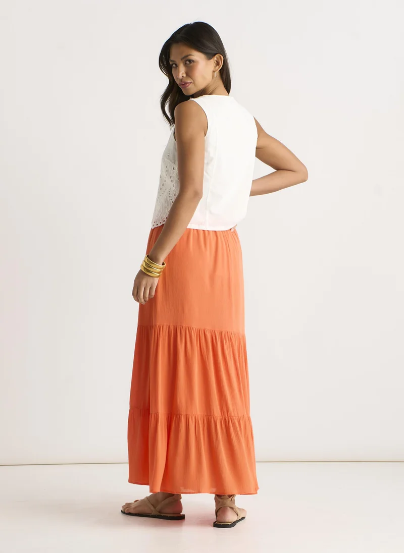 Gini London Orange Viscose Tiered Skater Maxi Skirt