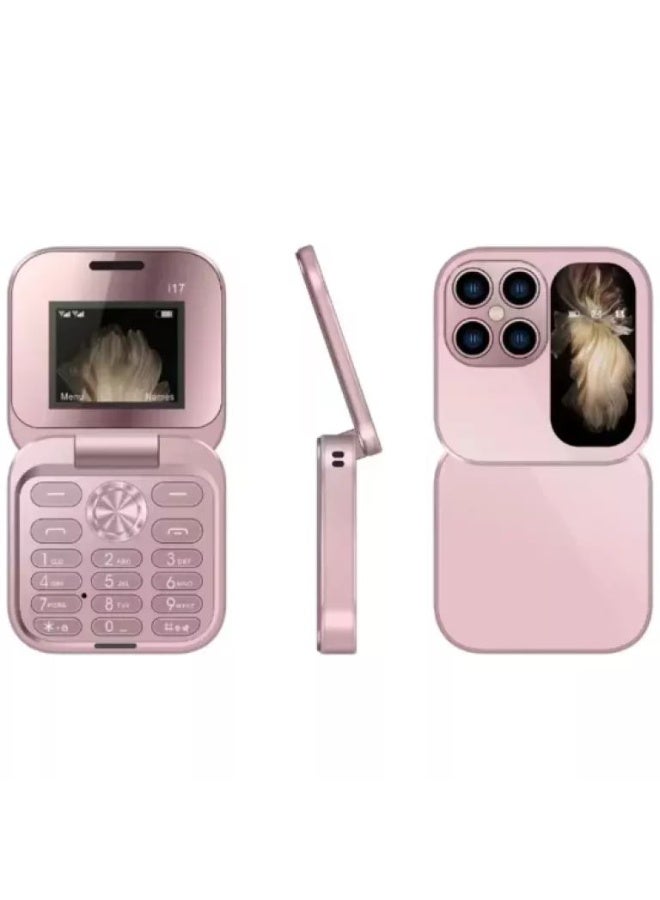 i17 Pro Pink Flip Phone – Dual SIM Mini Mobile with Keypad, Chic & Portable
