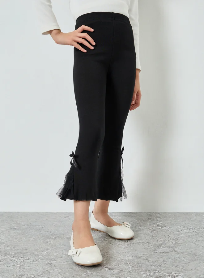 Styli Girls Black Cotton Knit Leggings with Mesh Detail