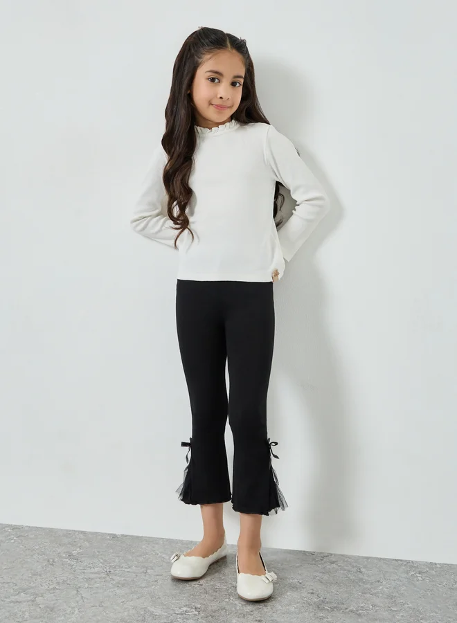 Styli Girls Black Cotton Knit Leggings with Mesh Detail