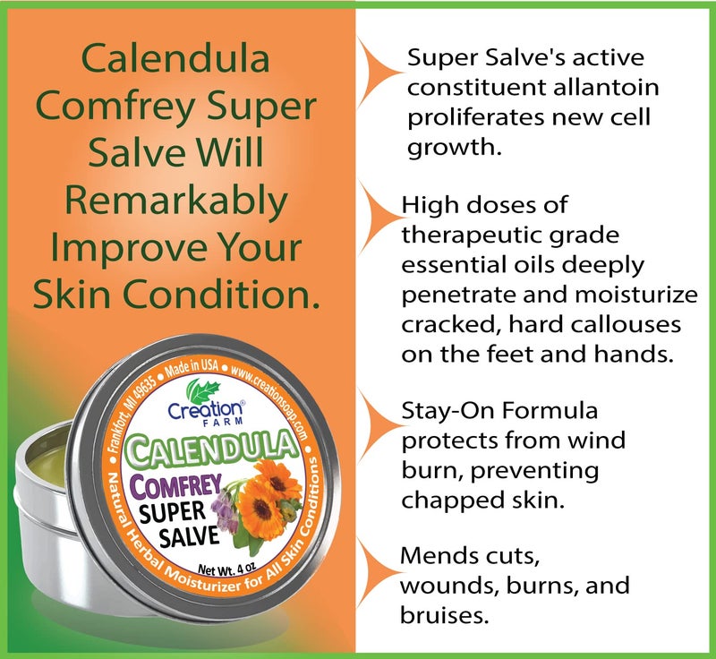 creation farm Calendula Comfrey Super Salve by Creation Farm, Herbal Balm, Moisturizer, and Ointment with No Gluten, Soy, GMO or Parabens, Made in USA Comforts many issues. - Image 5