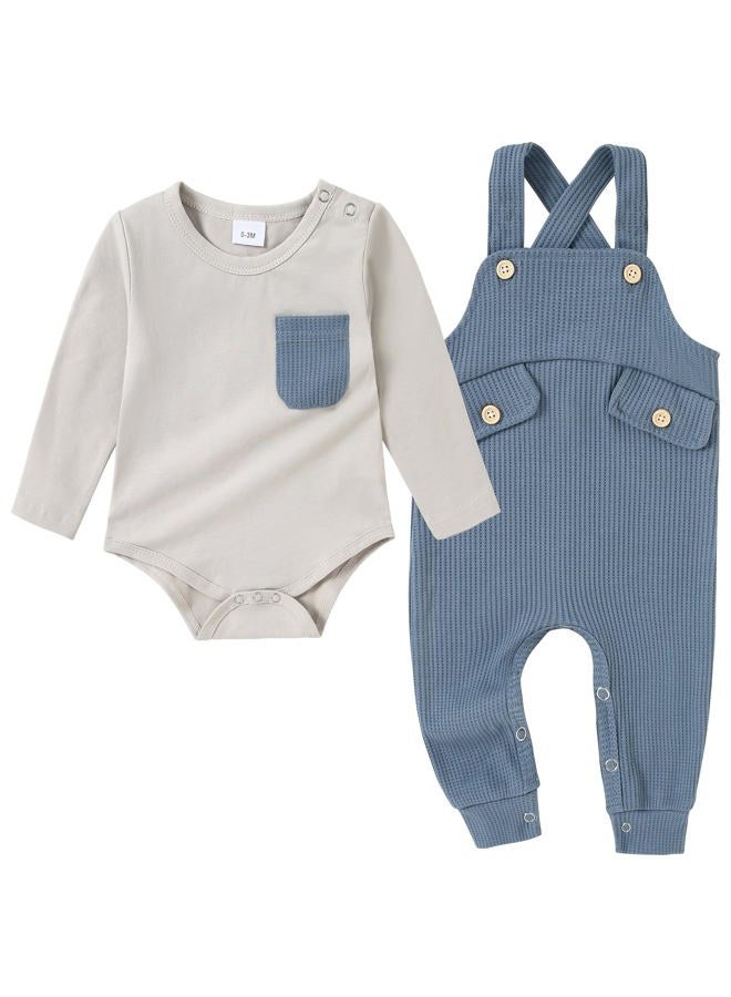 CARETOO Newborn Baby Boy Clothes Infant Boy Romper Fall Winter Outfits Bodysuit 2Pcs Striped Long Sleeve Top Overalls 0-18M, Grayish Blue, 3-6 months - Image 1