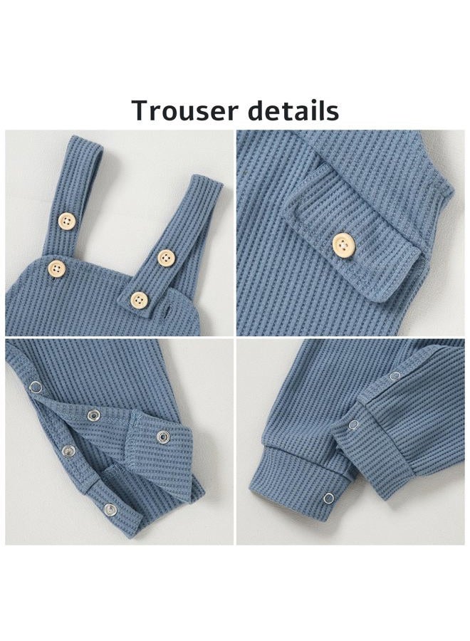 CARETOO Newborn Baby Boy Clothes Infant Boy Romper Fall Winter Outfits Bodysuit 2Pcs Striped Long Sleeve Top Overalls 0-18M, Grayish Blue, 3-6 months - Image 2