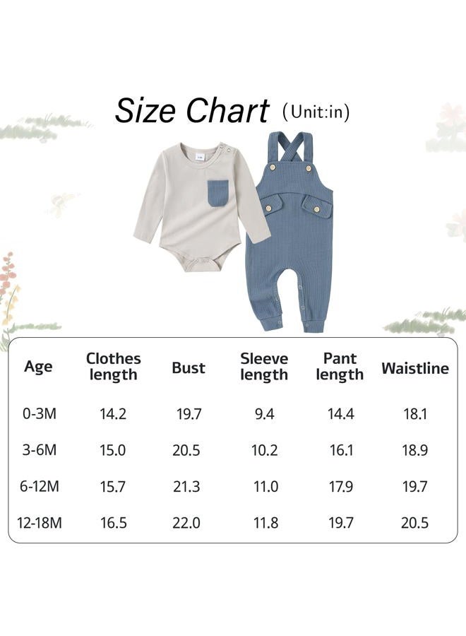 CARETOO Newborn Baby Boy Clothes Infant Boy Romper Fall Winter Outfits Bodysuit 2Pcs Striped Long Sleeve Top Overalls 0-18M, Grayish Blue, 3-6 months - Image 4