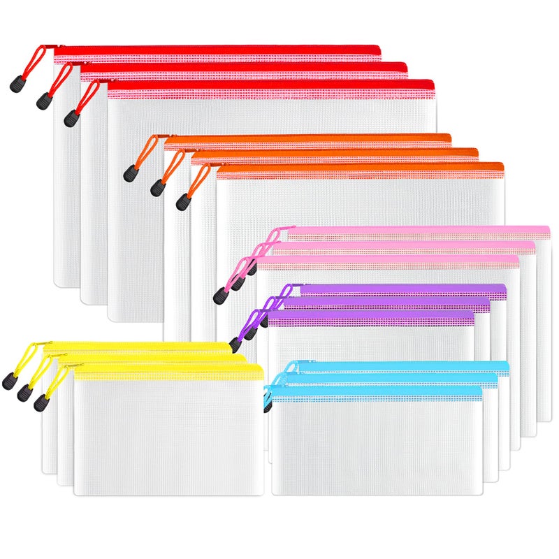 SUNEE Multisize Plastic Zipper Pouches (6 Colors, 18 Packs), Water-Resistant Zip Bag for School Office Supplies, Puzzles & Games Organizing Storage - Image 1