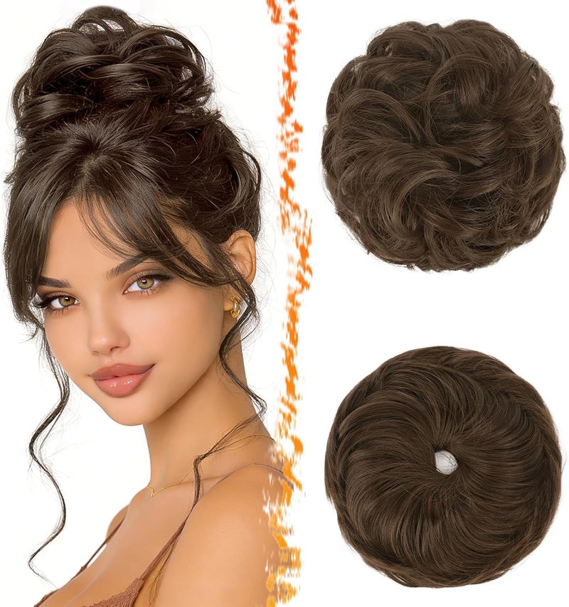 BARSDAR 2 PCS Messy Bun Hair Pieces, Elastic Medium Chestnut Brown Messy Hair Bun Scrunchies Extensions for Women Synthetic Thick Fluffy Updo Chestnut Brown Hairpieces Daily - Image 1