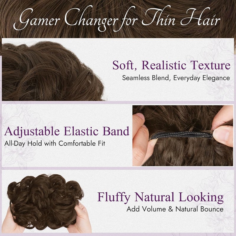 BARSDAR 2 PCS Messy Bun Hair Pieces, Elastic Medium Chestnut Brown Messy Hair Bun Scrunchies Extensions for Women Synthetic Thick Fluffy Updo Chestnut Brown Hairpieces Daily - Image 3