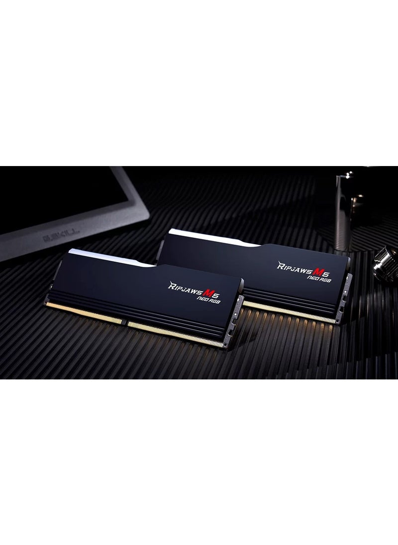G.Skill - Ripjaws M5 Neo RGB DDR5 64GB (2x32GB) 6000MT/s CL36-36-36-96 1.35V, Intel XMP / AMD EXPO, Matte Black Aluminum Heatspreaders, Customizable RGB Lighting, Performance Memory Kit for AMD AM5 | F5-6000J3636F32GX2-RM5NRK - Image 1