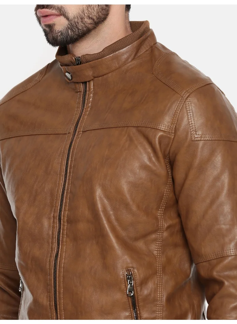 The Indian Garage Co Men Brown Casual Slim Fit Solid Long Sleeves Bomber Jacket