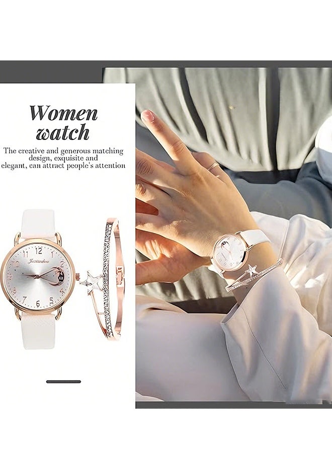 هابي دي طقم هدايا ساعة نسائية مع سوار باللون الأبيض للسيدات والفتيات، ساعة معصم أنالوج كوارتز بسير رفيع ونحيف وأنيق كاجوال - Image 3