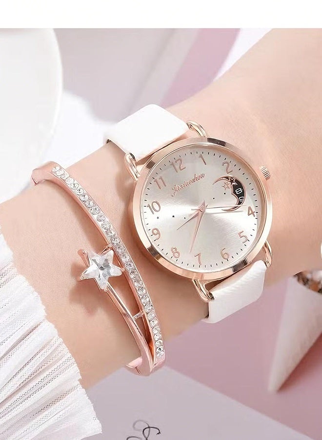 هابي دي طقم هدايا ساعة نسائية مع سوار باللون الأبيض للسيدات والفتيات، ساعة معصم أنالوج كوارتز بسير رفيع ونحيف وأنيق كاجوال - Image 1