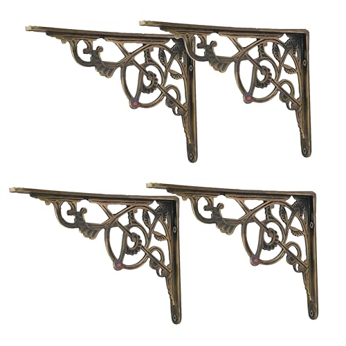 GHAR DWAR Metal Handcrafted Shelf Bracket for Floating Shelves L Angle Decorative L Shaped Corner Brace Joint Heavy Duty Wall Mounted Shelf Support Corner Brace Holder (Pack of 4, Brass Antiq) - Image 1