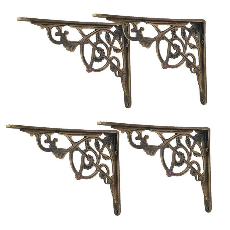 GHAR DWAR Metal Handcrafted Shelf Bracket for Floating Shelves L Angle Decorative L Shaped Corner Brace Joint Heavy Duty Wall Mounted Shelf Support Corner Brace Holder (Pack of 4, Brass Antiq) - Image 5