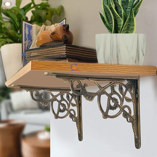 GHAR DWAR Metal Handcrafted Shelf Bracket for Floating Shelves L Angle Decorative L Shaped Corner Brace Joint Heavy Duty Wall Mounted Shelf Support Corner Brace Holder (Pack of 4, Brass Antiq) - Image 3