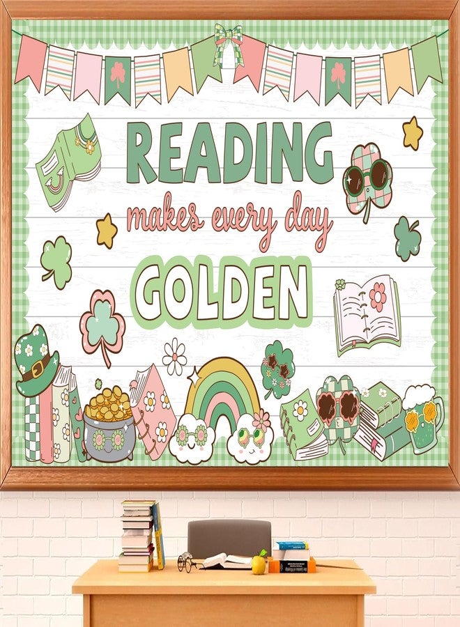 Polaxium St. Patrick's Day Classroom Bulletin Board Set Reading Makes Every Day Golden Bulletin Board Decorations Irish Clover Cutouts for Bulletin Board St.Patrick’s Party Supply Classroom Chalkboard Decor - Image 1