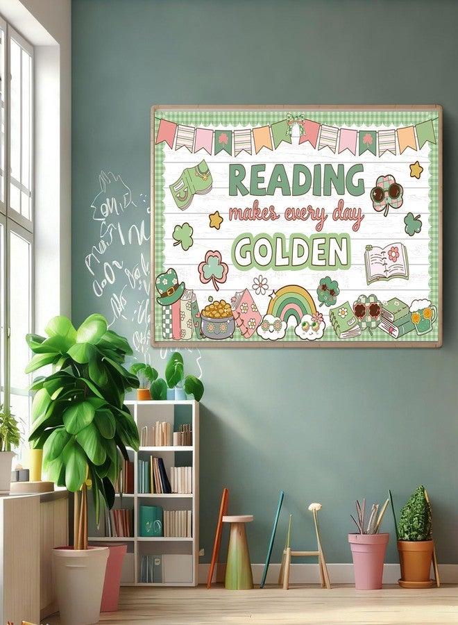 Polaxium St. Patrick's Day Classroom Bulletin Board Set Reading Makes Every Day Golden Bulletin Board Decorations Irish Clover Cutouts for Bulletin Board St.Patrick’s Party Supply Classroom Chalkboard Decor - Image 4
