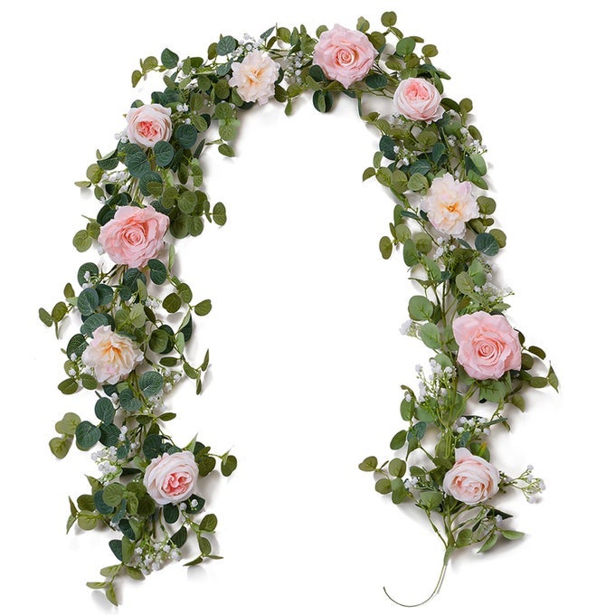 ANNAS WHIMSY 591FT ARTIFICIAL EUCALYPTUS GARLAND WITH FLOWERS FAKE ROSE GYPSOPHILA FAUX FLORAL GREENERY FOR WEDDING SPRING PARTY ART TABLE RUNNER DECOR PINK 1