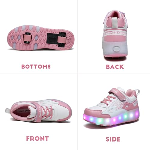 HHSTS Kids Shoes, Skate Shoes with Wheels LED Light Color, Shoes Shiny Roller Skates Skate Shoes Simple Kids Gifts Boys Girls, Best Gift for Party Birthday Christmas Day(1 Little Kid, White Pink) - Image 4