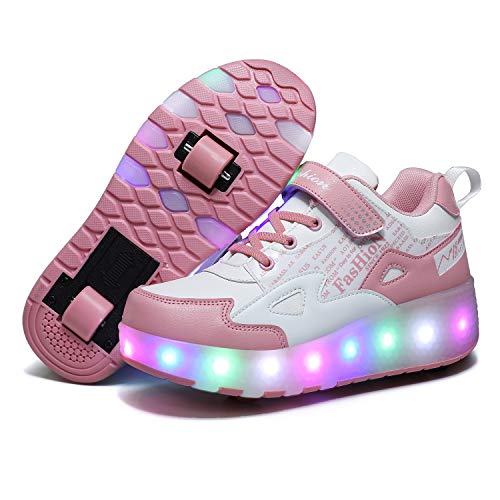 HHSTS Kids Shoes, Skate Shoes with Wheels LED Light Color, Shoes Shiny Roller Skates Skate Shoes Simple Kids Gifts Boys Girls, Best Gift for Party Birthday Christmas Day(1 Little Kid, White Pink) - Image 1