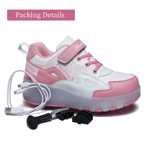 HHSTS Kids Shoes, Skate Shoes with Wheels LED Light Color, Shoes Shiny Roller Skates Skate Shoes Simple Kids Gifts Boys Girls, Best Gift for Party Birthday Christmas Day(1 Little Kid, White Pink) - Image 5