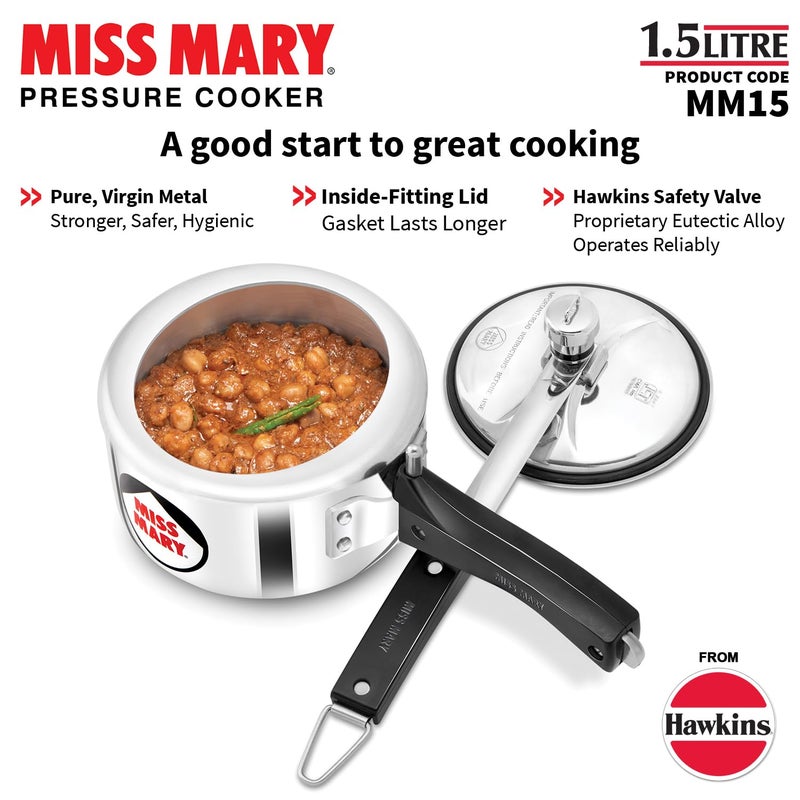 Hawkins 1.5 Litre Miss Mary Pressure Cooker, Small Inner Lid Baby Cooker, Silver (MM15) - Image 3