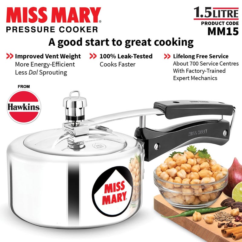Hawkins 1.5 Litre Miss Mary Pressure Cooker, Small Inner Lid Baby Cooker, Silver (MM15) - Image 2