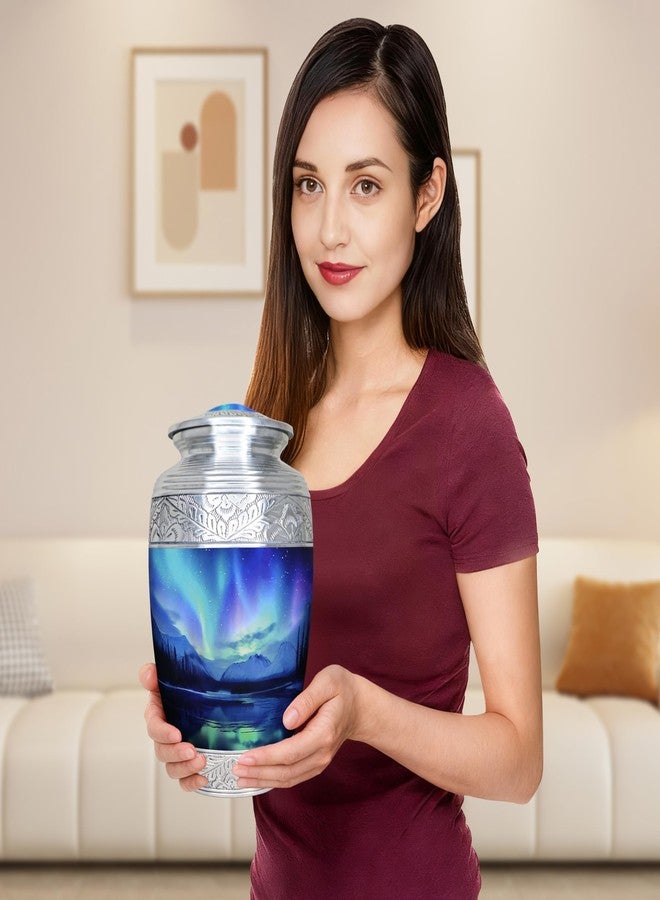 M MEILINXU جرار حرق الجثث المزخرفة من إم ميلينكسو، بتصميم الشفق القطبي، لحفظ رماد الموتى - للعرض في المنزل أو في مكان مخصص، جرة ألومنيوم محفورة لحفظ رماد البالغين من الإناث والذكور، جرة كبيرة. - Image 3